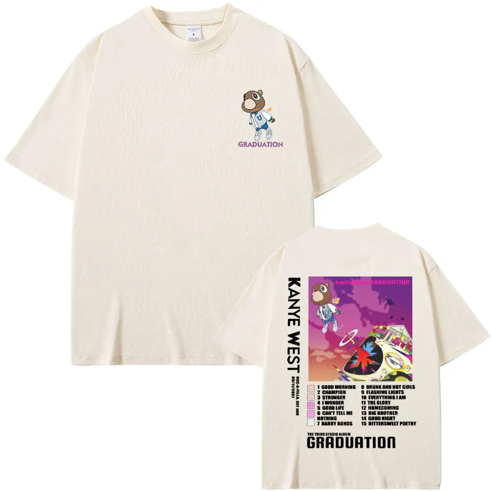 Rapper Kanye West Graduation Bear Double Sided Print T Shirt Men Women Fashion Hip Hop Oversized T-shirt Men's Cotton T-shirts