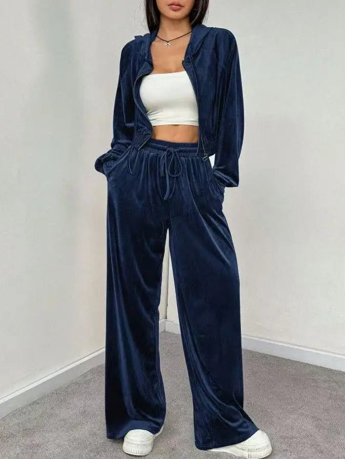Women's Pink Velvet 2-Piece Activewear Set Zip Cropped Hoodie + Wide Leg Pants Fashionable Casual Waist Slimming Versatile Style