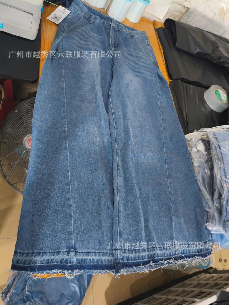 QICHE European American Women Y2K Blue Washed Patchwork Flare Jeans Loose Tassel Floor-Length Wide Leg Denim Pants