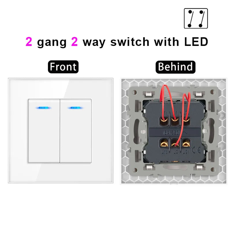 NYWP Luxury Crystal Tempered Glass Panel 1 Gang 2 Way Light Switch On / Off Wall Switch With LED Indicator 16A AC 250V