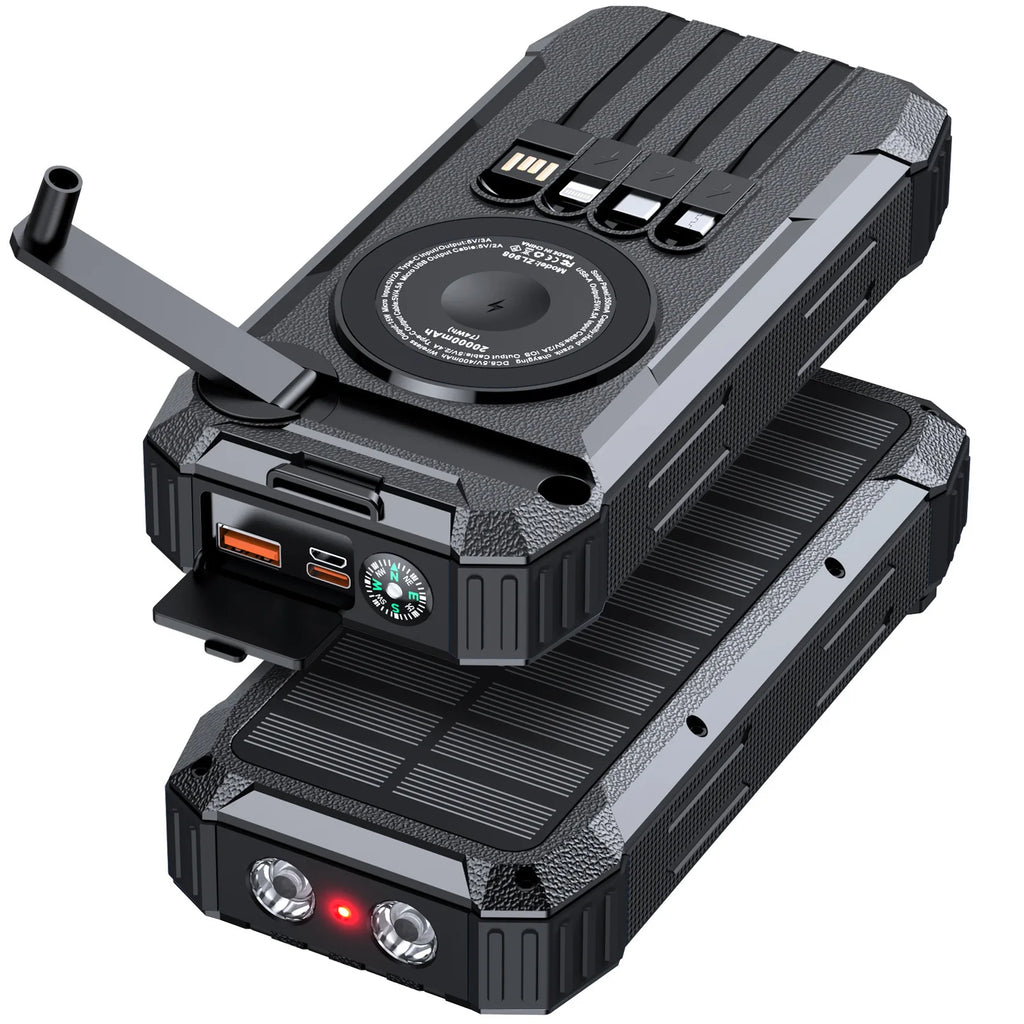 New 50000mAh Solar Power Bank Hand Crank Generator Portable Outdoor Emergency Charger with 4 Built-in Cables Dual LED Flashlight