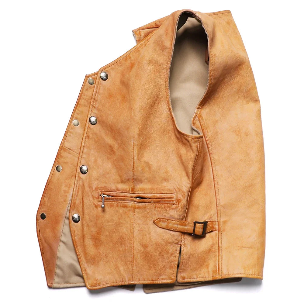 Retro Vintage Yellow Sheepskin Leather Vest Men's Goat Leather Sleeveless Jacket V-neck Amikaki Slim Short Waistcoat Man