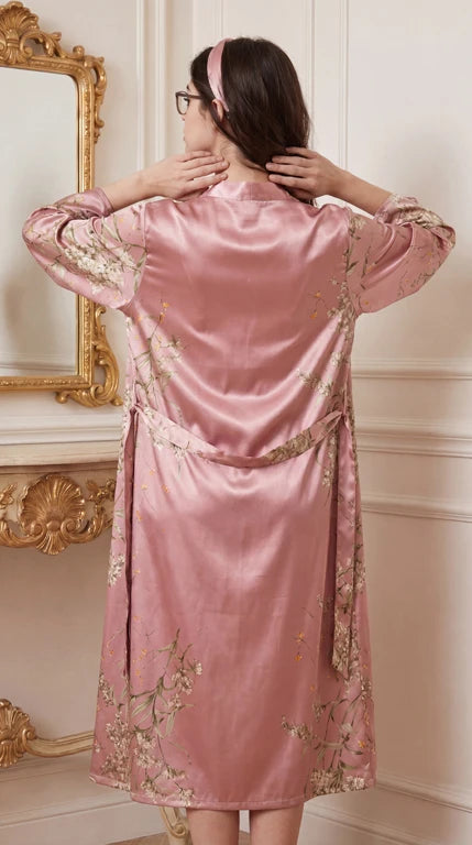 Ladies Pink Cherry Print Sleepwear Thin Robe Home Clothes Soft Comfortable Nightgown for Women