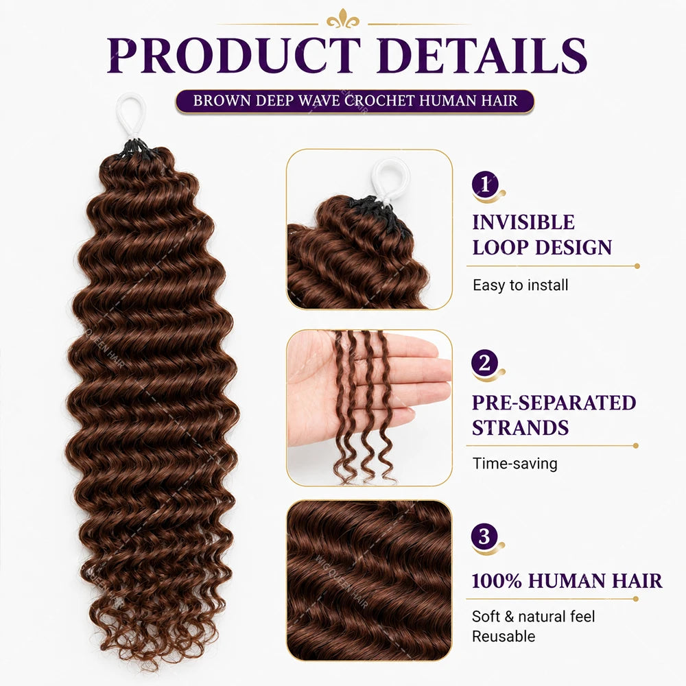 Brown Deep Wave Crochet Human Hair Extensions Miracle Knots Feather Crochet Pre Separated Remy Hair Soft Full Natural Look