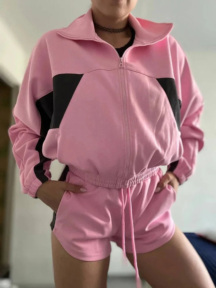 Lady'snavy Chevron Stripe Windbreaker Tracksuit Zip Cropped Jacket Contrast Trim Shorts 2026 Casual Sport Daily Jogging Street