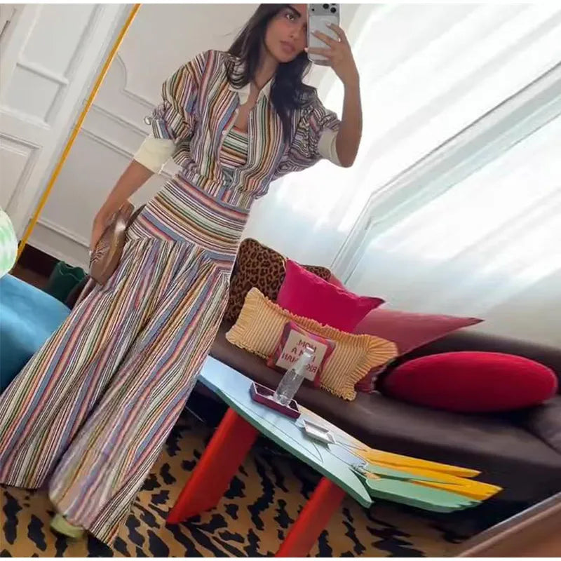 Multicolor Striped Shirt 2 Picec Set Button Front Blouse High Waist Flared Hem Maxi Skirt 2026 Summer Elegant Lady Vacation Suit