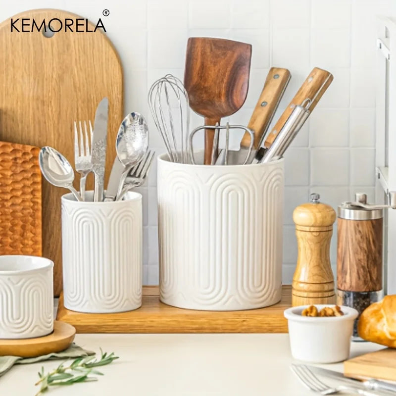 Ceramic Utensil Holder Organizer - Kitchen Countertop Storage Jar for Forks Spoons Knives, White Porcelain Canister, 1/2-Piece