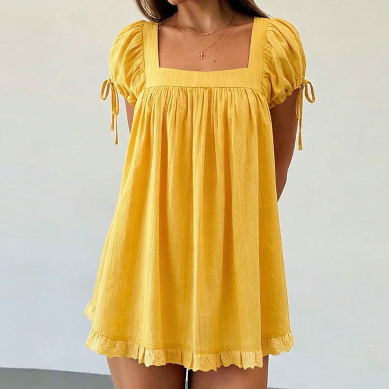 Bohemian Puff Sleeve Maternity Dress Women Square Neck A-line Mini Ruffled Dresses Fairy Vintage Loose Fit Flowy Short Dress