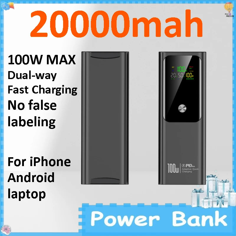 100W PD Fast Charge Power Bank 20000mAh Bidirectional Portable External Battery for IPhone Android Laptop Notebook