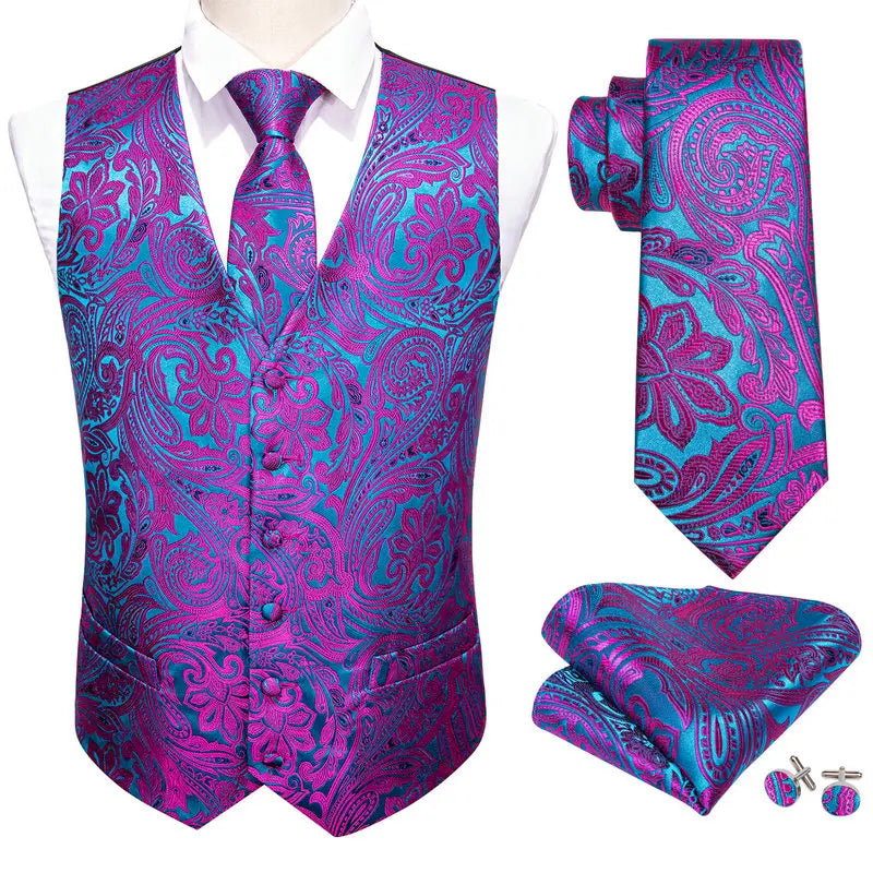 Designer Vest for Men Purple Embroidered Silk Waistcoat Tie Pocket Square Set Wedding Formal Male Suit Party Barry Wang