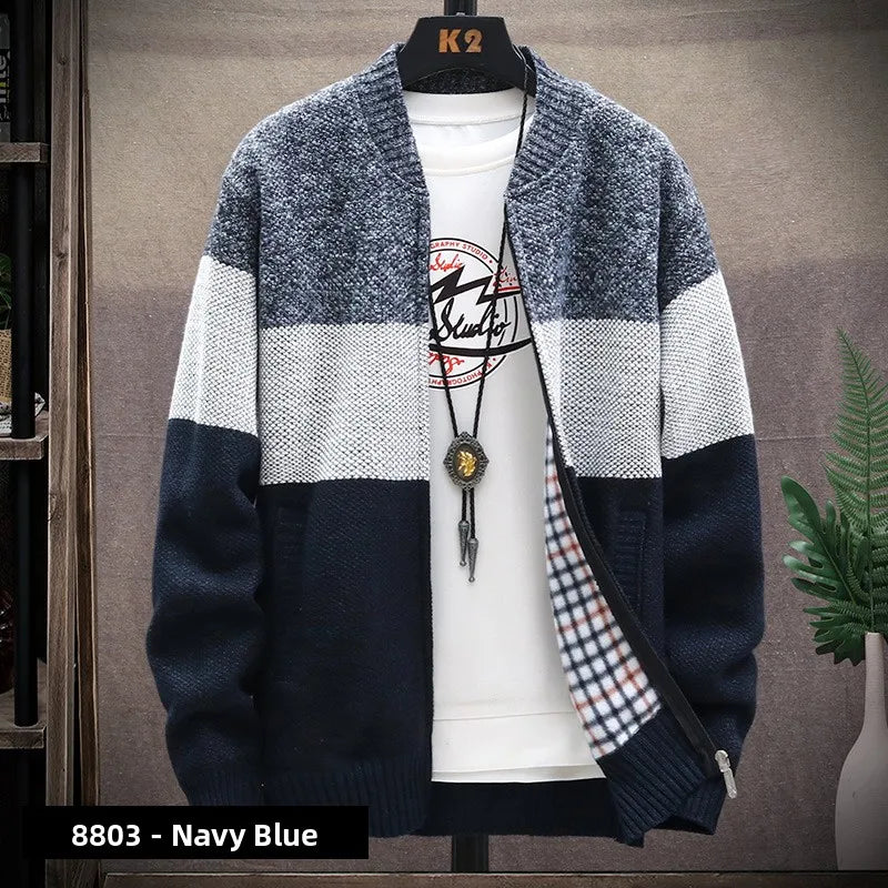 Men's Knitted Sweater Cardigan Thickened Fleece Hooded Casual Style Warm Outerwear Autumn Winter New Arrival Korean Version