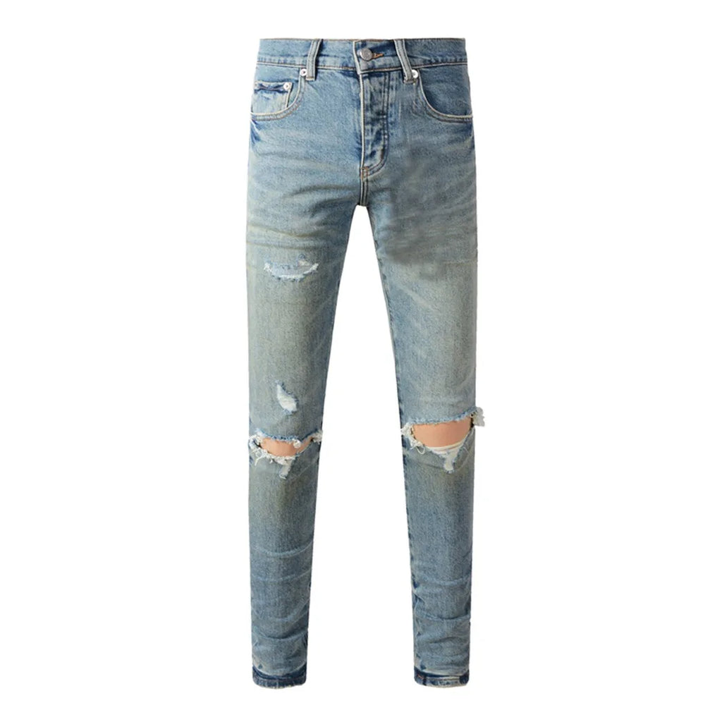 High Street American Distressed Men's Jeans Fashion Brand Coated Blank Stretch Skinny Button Fly Ripped Pants Trousers