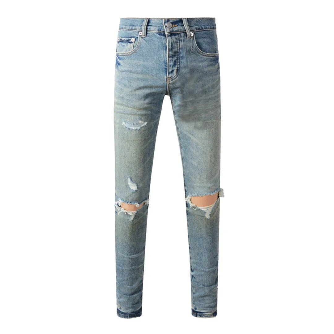 High Street American Distressed Men's Jeans Fashion Brand Coated Blank Stretch Skinny Button Fly Ripped Pants Trousers
