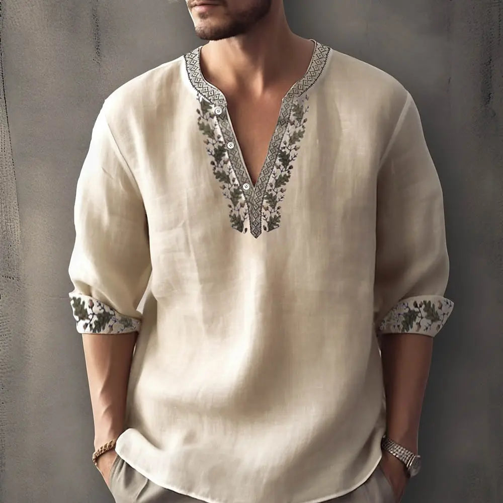 Retro Spring and Autumn New Men's Fashion T-shirt Casual Long Sleeve V-neck Polo Shirt