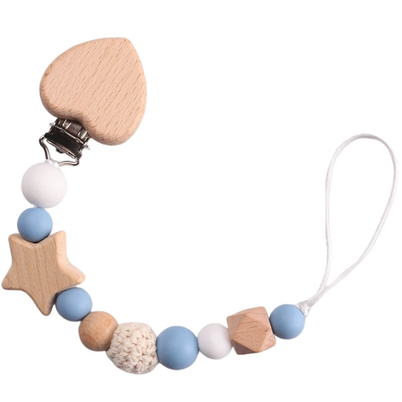 Baby Wood Crochet Round Bead Pacifier Chain Wooden Heart Dummy Holder Clip For Baby Teether Teething Chain Nursing Chew Toy Gift
