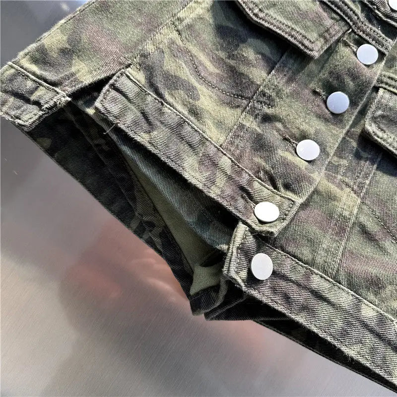 Summer Women's Camouflage Denim Skirt American Casual Fashion Retro Irregular Splicing Single Breasted Slim Short Skirts
