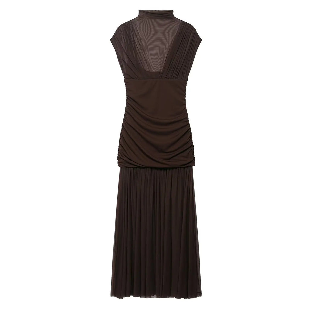 Tossy Black Mesh Fashion Maxi Dress For Women Sleeveless See-Through Patchwork Pleated Party Dress Female Autumn Long Dress 2025