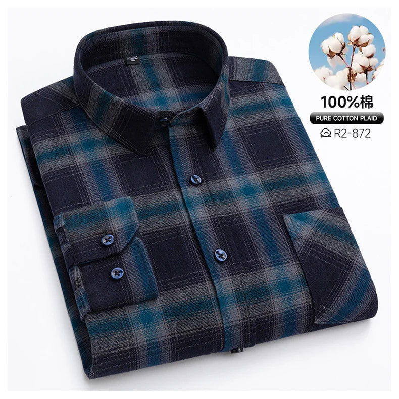 Classic Retro Plaid Flannel Shirt Long Sleeve 100% Cotton Fashion Casual Soft Spring Autumn Winter Standard Pocket Men's Shirt