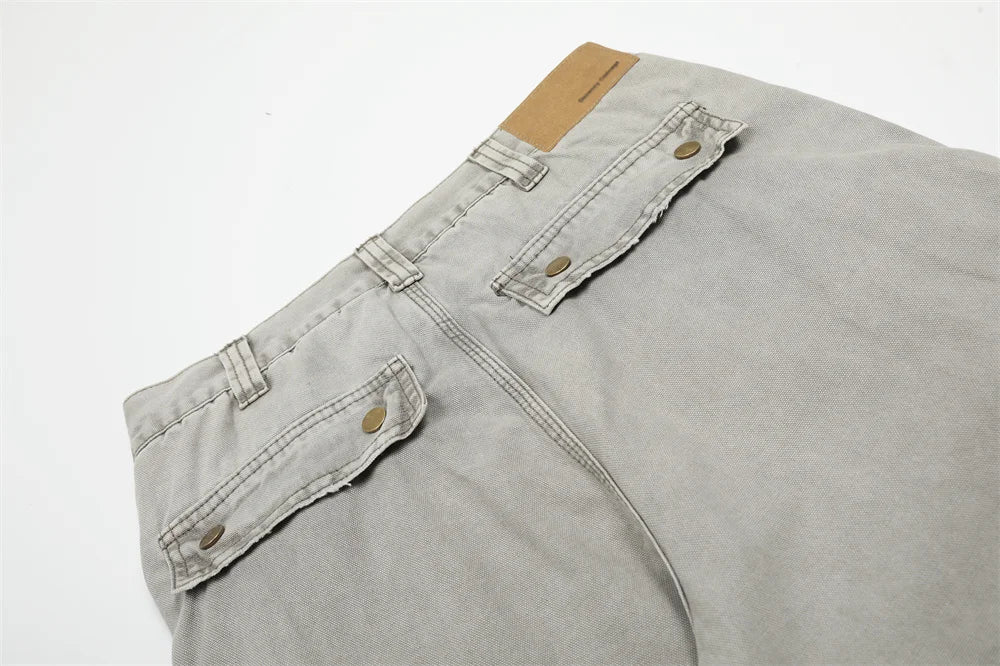 Multi-Pocket Cargo Jeans Mens Retro High Street Washed Distressed Straight Wide Leg Trousers Men