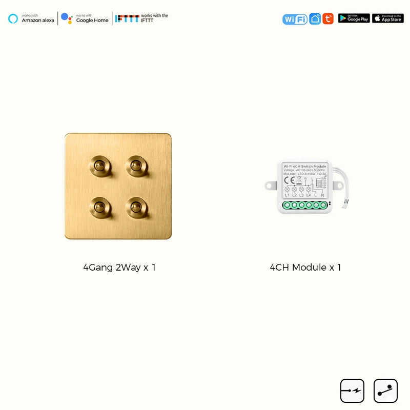 Avoir Tuya Smart Life Home Control Mini Wifi Module Wireless Gold Light Switches 1-4 Gang 2 Way Alexa Rocker Toggle Switch 220V