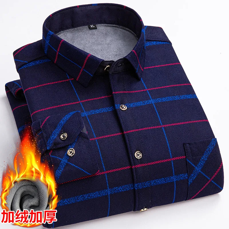 Men's long-sleeved shirts with added fleece and thickening are warm, casual in winter, skin-friendly, soft and cold-resistant