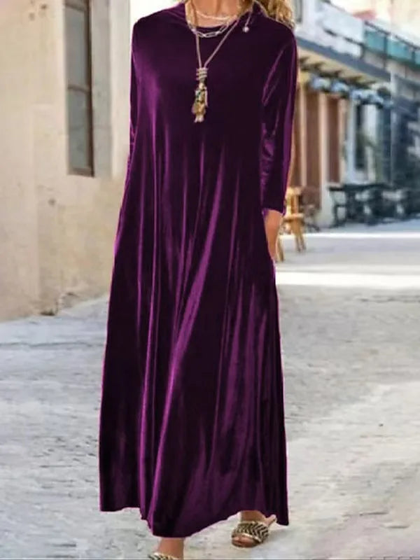 2025 Elegant Long Sleeve Velvet Dress Autumn Spring New Style Puffy Collar Slimming Tummy Covering Mid-Length Sleev Dress