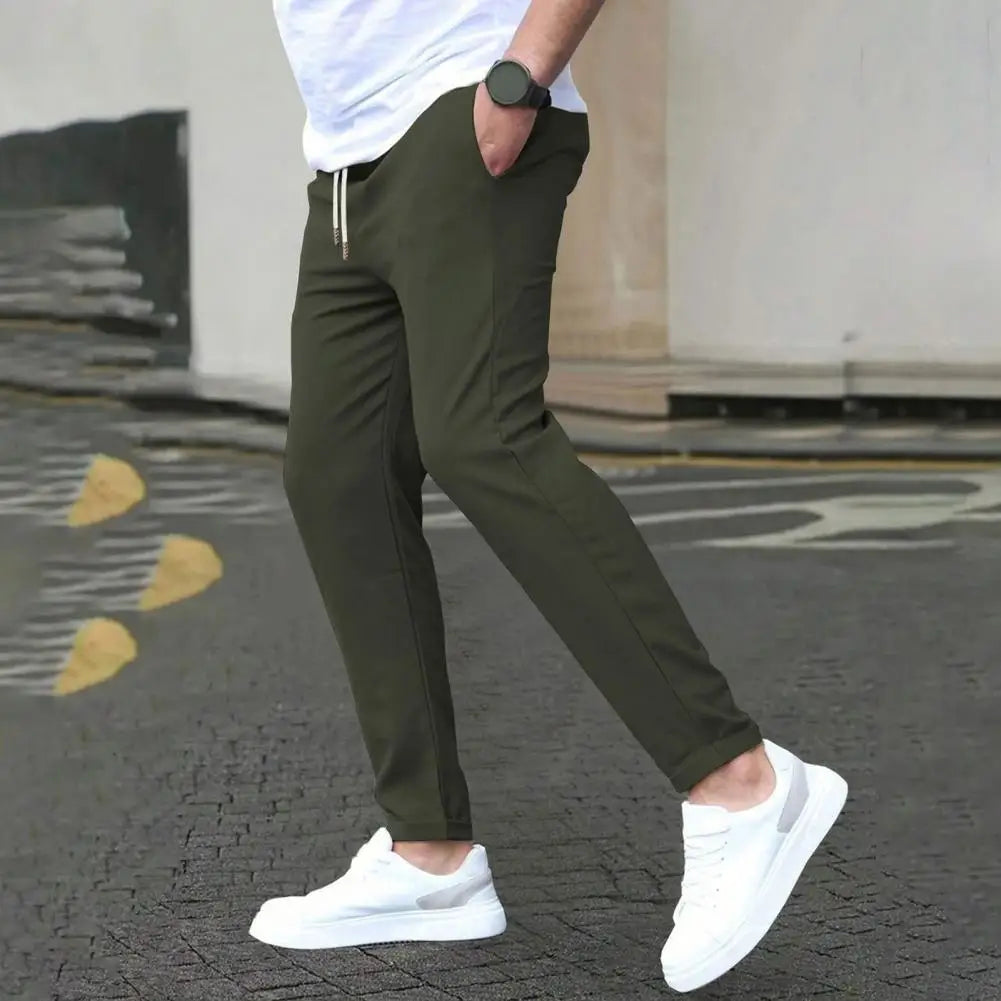 Slim Fit Pants Stylish Men's Slim Fit Drawstring Pants with Side Pockets for Commuting Travel Gym Elastic Waist Casual Trousers