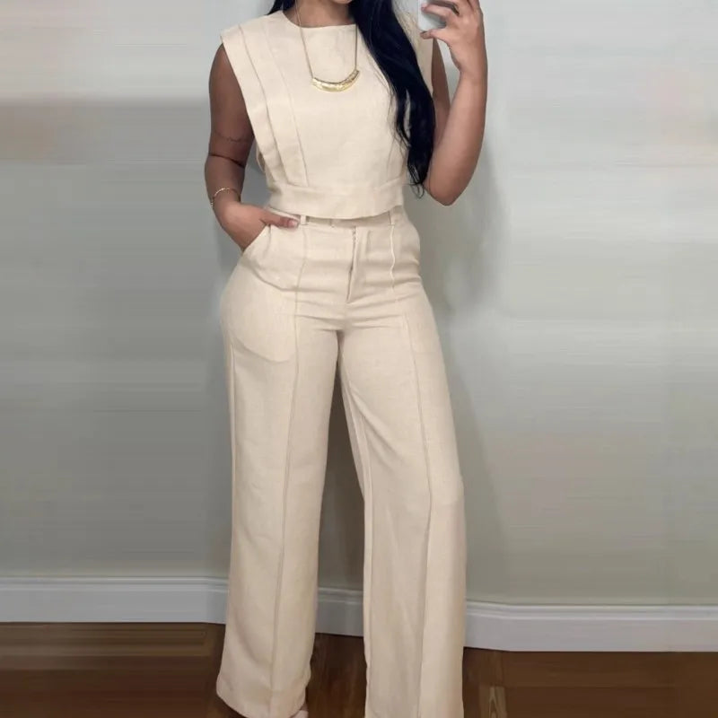 Fashion Solid 2 Piece Set For Women Casual Sleeveless O Neck Short Tops+High Waist Wide Leg Pants Sets High Street Clothes New
