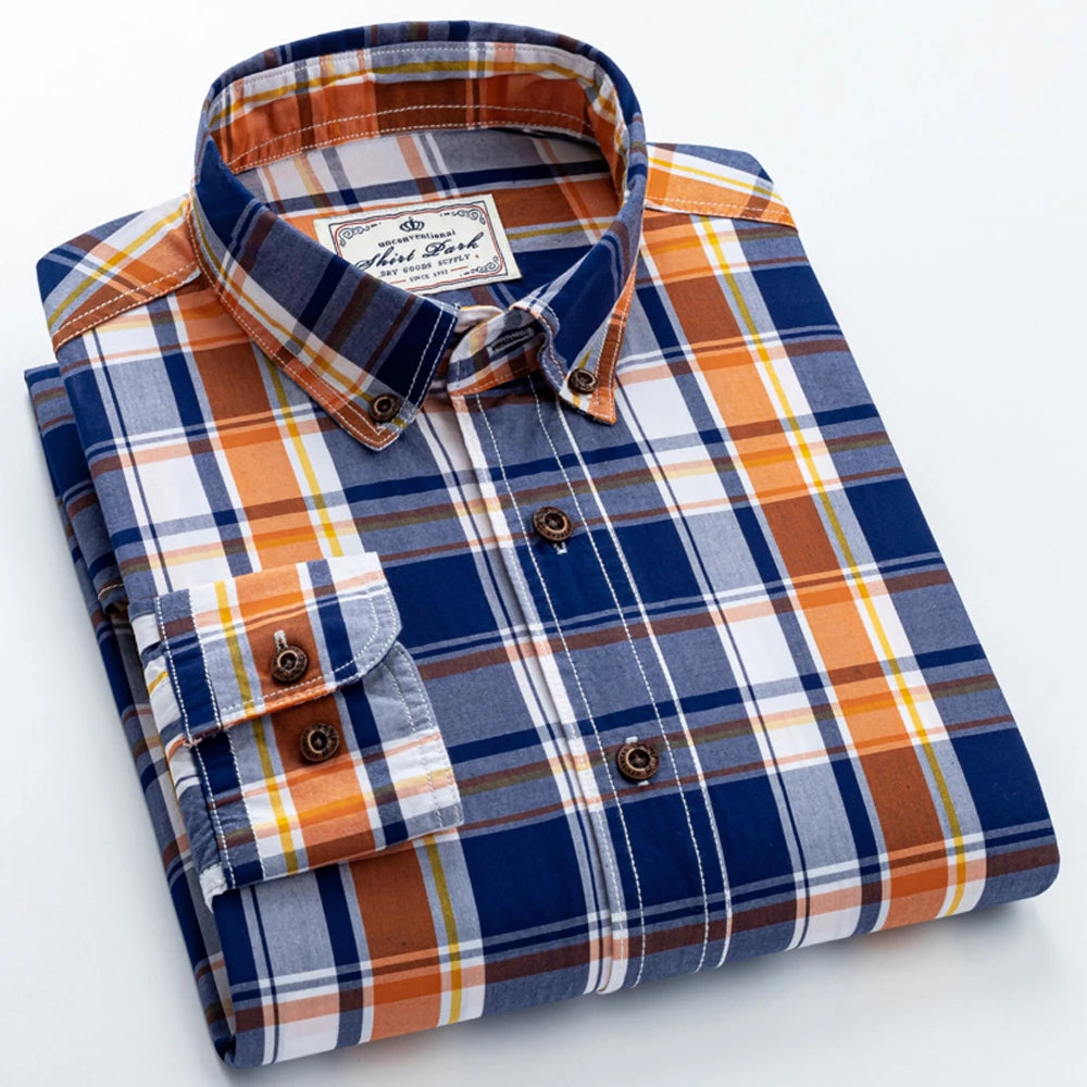 Men's 100% Cotton Plaid Long Sleeve Casual Shirt, Spring Autumn Lightweight & Breathable Slightly Slim Fit Button Down Shirts