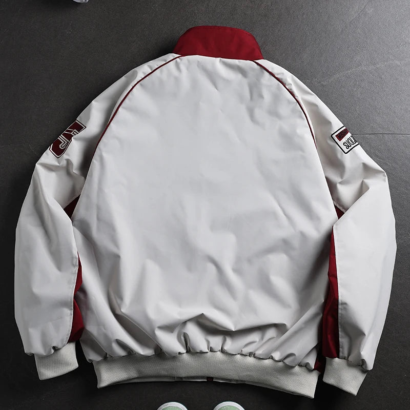 Men's Retro Racing Jacket Stand Collar Zip-Up Streetwear Oversized Colorblock Print Biker Coat Spring Autumn Fashion