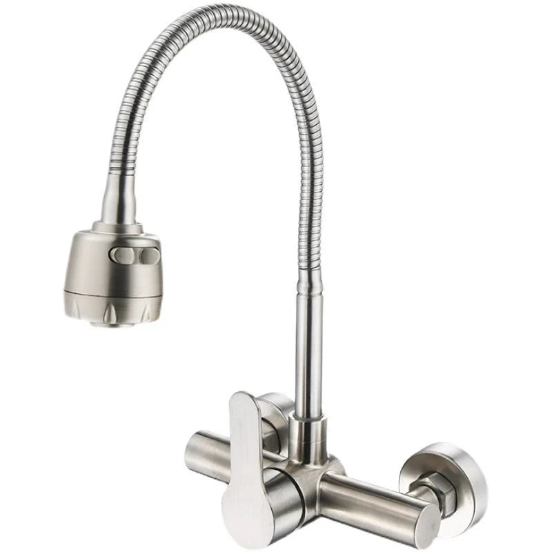 Wall Mount Kitchen Sink Faucet 304 Stainless Steel 2 Modes Hot and Cold Mixer Taps Double Hole Rotating Kitchen Faucets Brushed