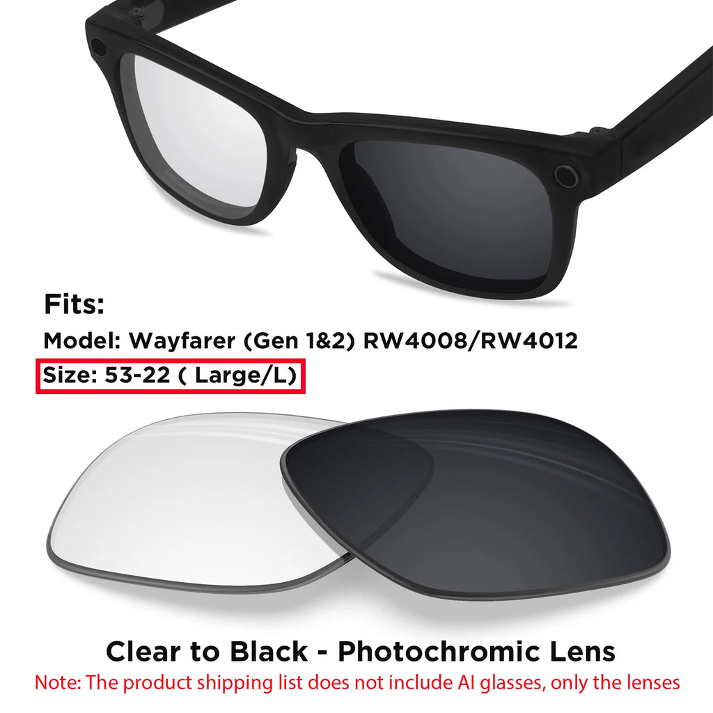 Photochromic & Polarized Replacement Lenses For Ray-Ban Meta Wayfarer RW4006 / RW4008 / RW4012 Gen1/2 AI Smart Glasses Lens