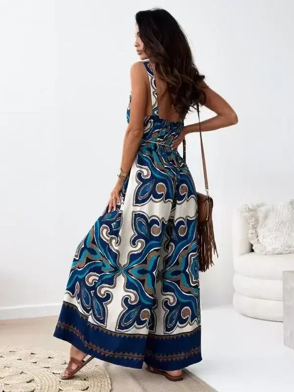 Pop Fashion Elegant V-neck High Waist Jumpsuit Women's Pattern Print Loose Long Romper Causal Sleeveless Wide Leg Playsuit Women