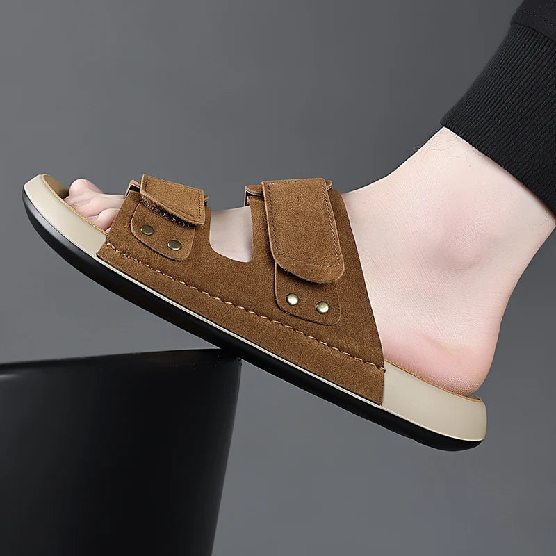 Men Sandals Canvas Luxury Pu Leather Men's Beach Sandal Footwear 2026 Autumn Male Casual Shoes Comfort Anti Slip Outsole Adult 7