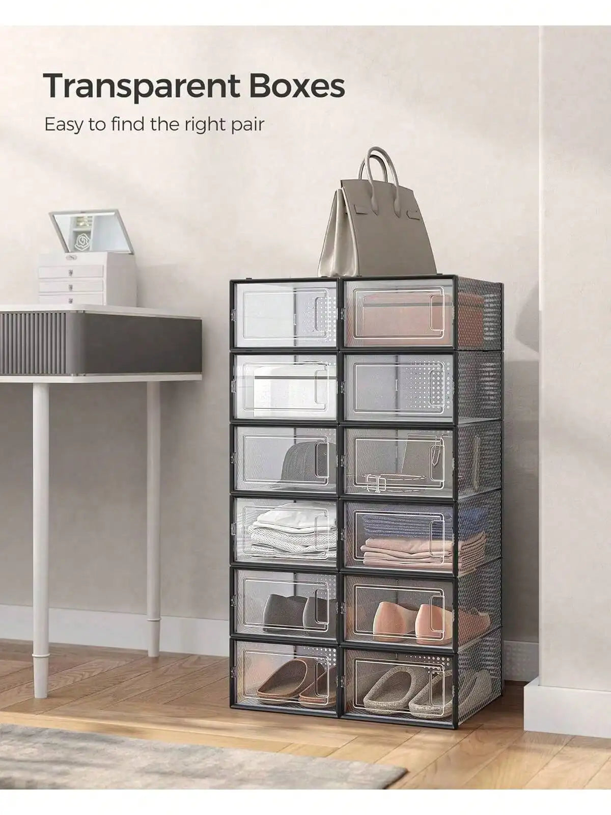 12 Pack Large Clear Plastic Stackable Shoe Storage Boxes with Lids, Modular Space Saving Sneaker Display Organizer Bins for Closet