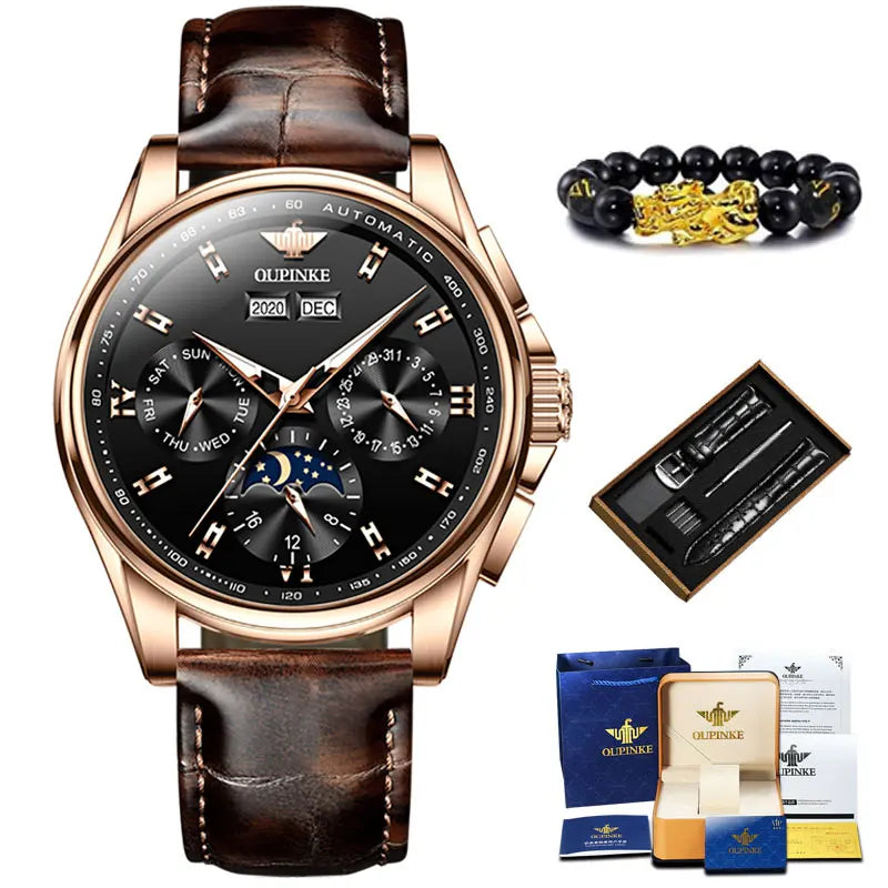 OUPINKE Top Men's Automatic Mechanical Wrist Watch Leather Strap Luxury Business Multi functional Lunar Phase Dial Reloj Hombre
