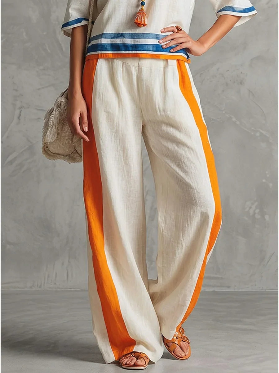 Women Boho 2 Piece Outfit Striped Trim Short Sleeve Tops Wide Leg Pants Summer Linen Casual Two Piece Set Vacation Suit