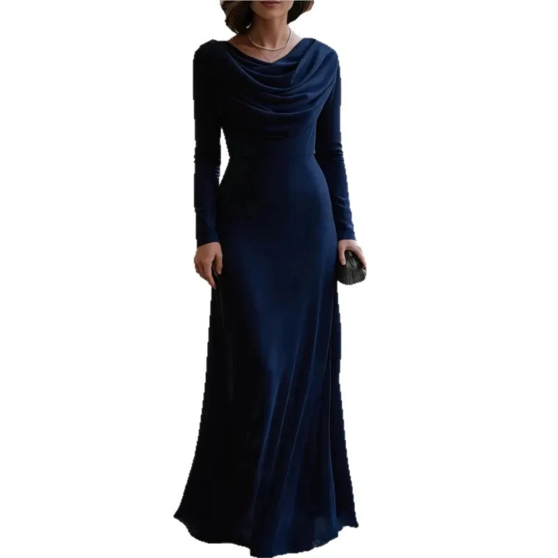 Elegant Ruched Maxi Dress Women Swing Collar Full Sleeve Skinny Stretch Robe Autumn Trend Classic Pleats Long Bodycon Vestidos