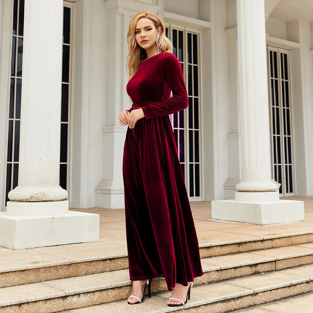 Spring 2025 Elegant Red Long Dress Velvet Solid Color Premium Formal Evening Vestidos Festa Luxo Rojo Maxi Dresses For Women