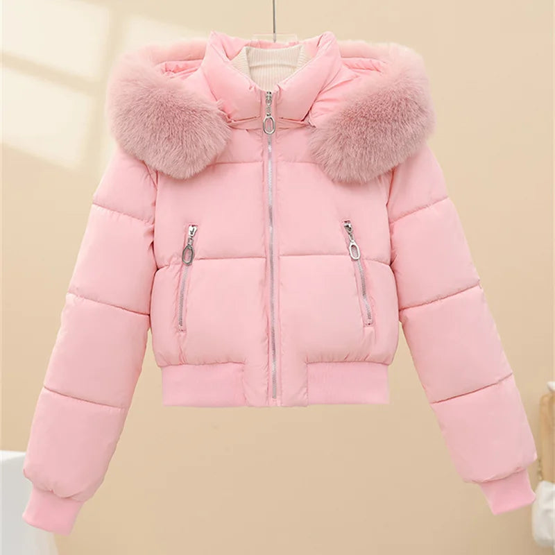 2026 Super-short Cotton-padded Jacket Women's Elastic-waist Winter Coats Fur Collar Hooded Parkas Streetwear Warm Slim Outerwear