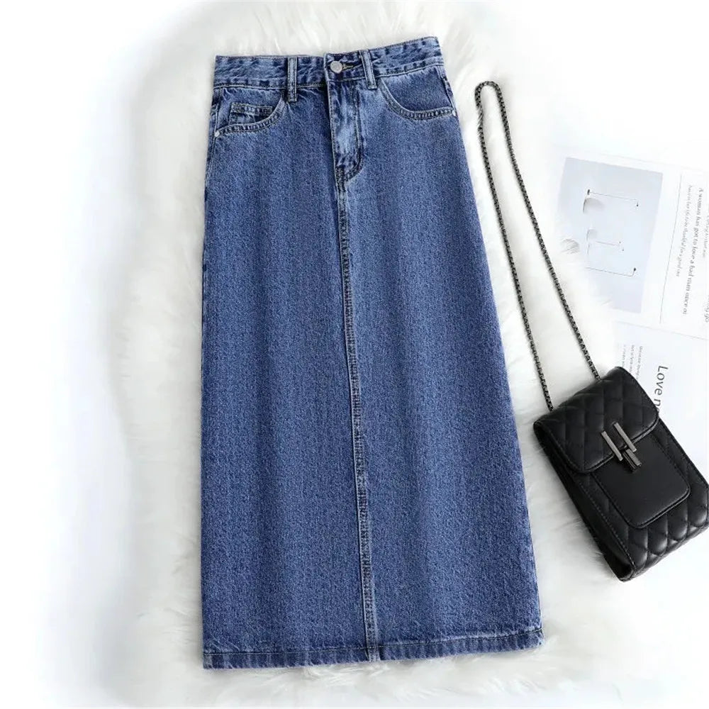 Women Denim Skirt Spring A Line Summer High Waist Loose Split Hem Dark Blue Chic Casual Streetwear Jean Midi Skirt Streetwear