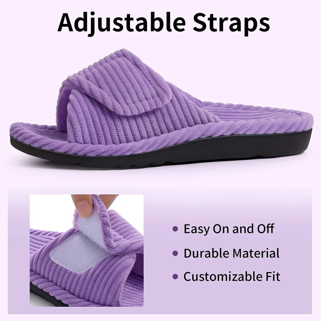 Shevalues Women's Fuzzy Warm Slippers Comfy Open Toe Sandals Memory Foam Indoor Bedroom Slides Rubber Sole House Shoes For Women