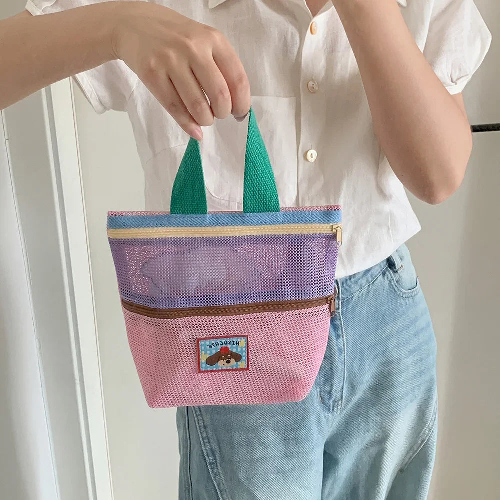 Women's Color-Block Mesh Makeup Bag with Top Handle and Cute Patch Small Cosmetic Pouch for Daily Travel Essentials Storage