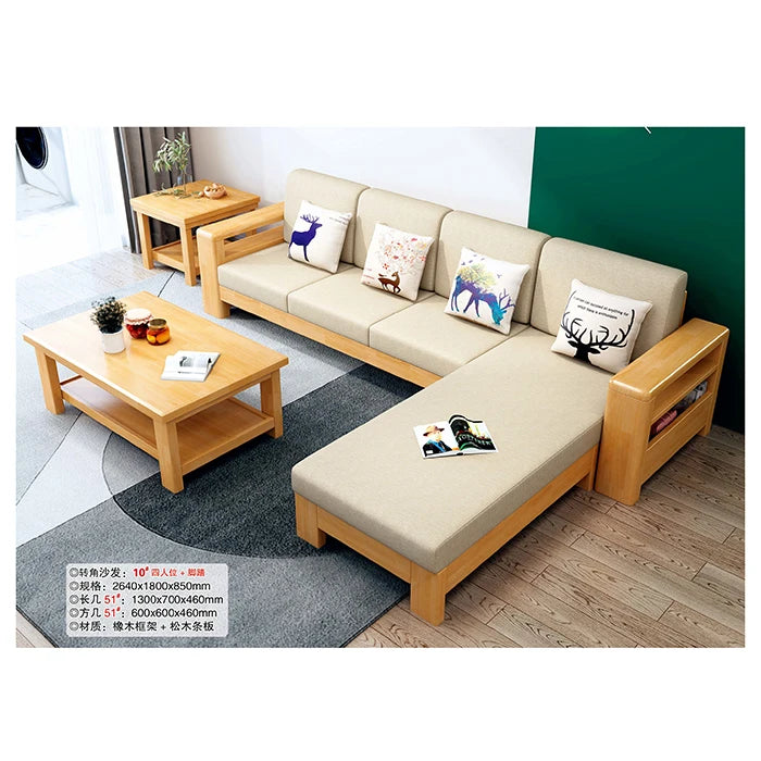 For Living Room Full Solid Wood Sofa Combination of Modern Chinese Small Apartment Three Solid Wood Fabric Sofa Bed