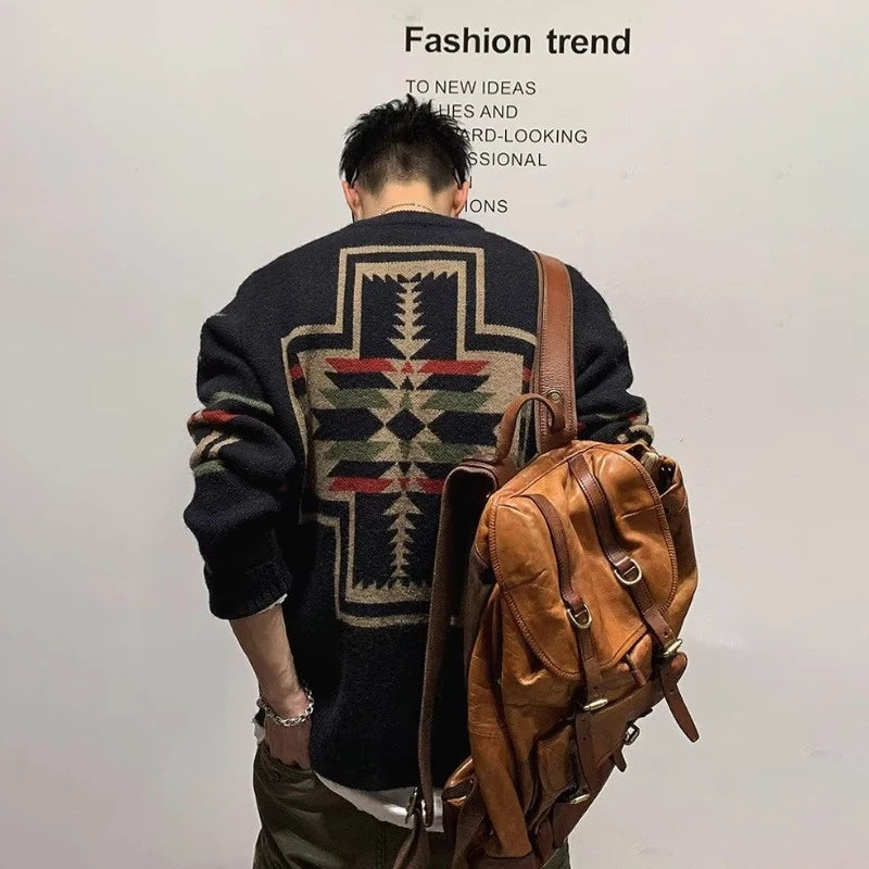 Autumn Men's Ethnic Style O-Neck Knitted Sweaters Y2K Vintage Streetwear Knitwear 2025 New Casual Pattern Printed pull homme