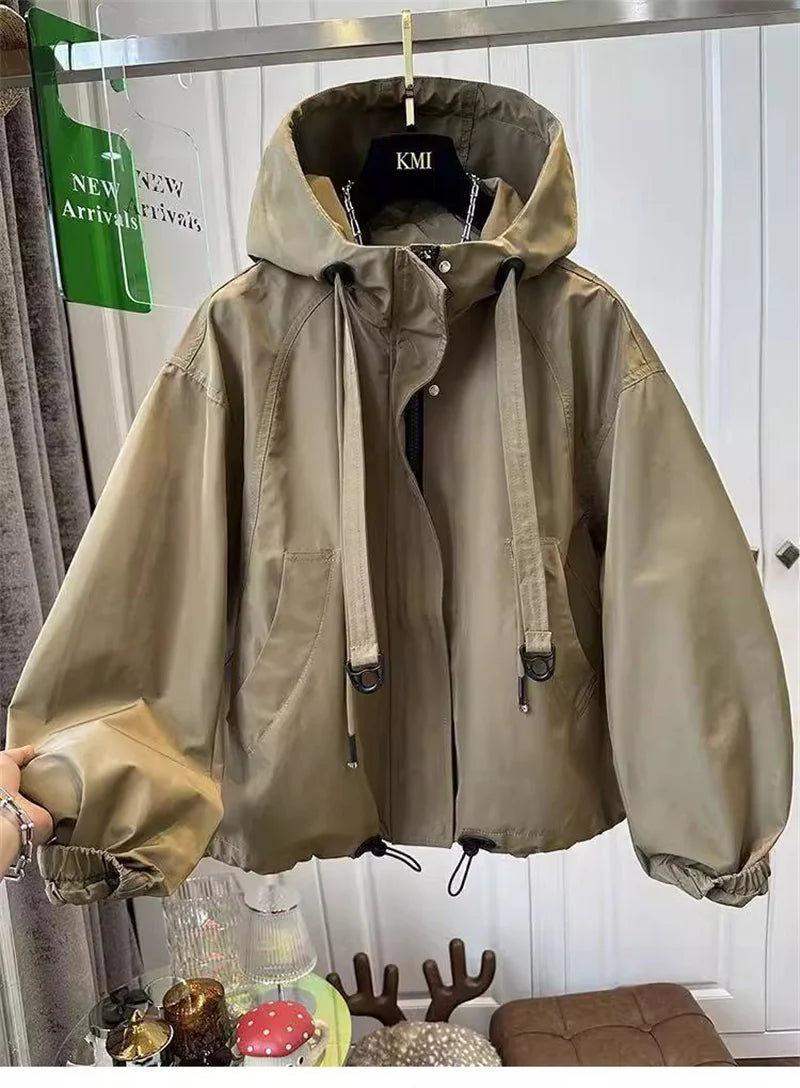 Korean Trench Coat Women 2026 Spring Autumn New Loose  Long Sleeve Casual All-Match Hooded Windbreaker Outerwear Ladies Overcoat