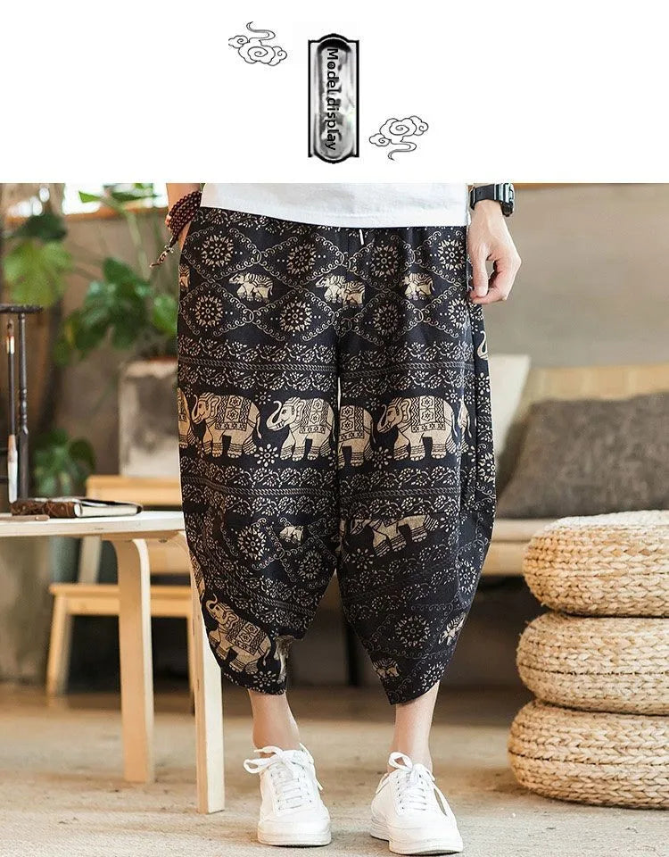Men's Casual Cotton Linen Seven-Foot Pants Summer plus Size Lantern Loose Fit Shorts Harlan Style Comfortable Breathable Leis...
