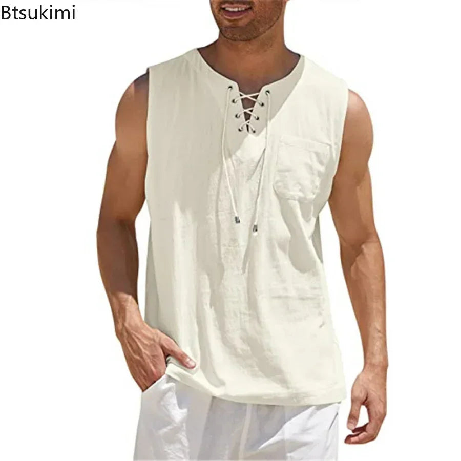 New 2026 Men's Casual Cotton Linen Tank Tops Men Drawstring V Neck Sleeveless Shirts Summer Casual Shirt Gym Fitness Vest Tops