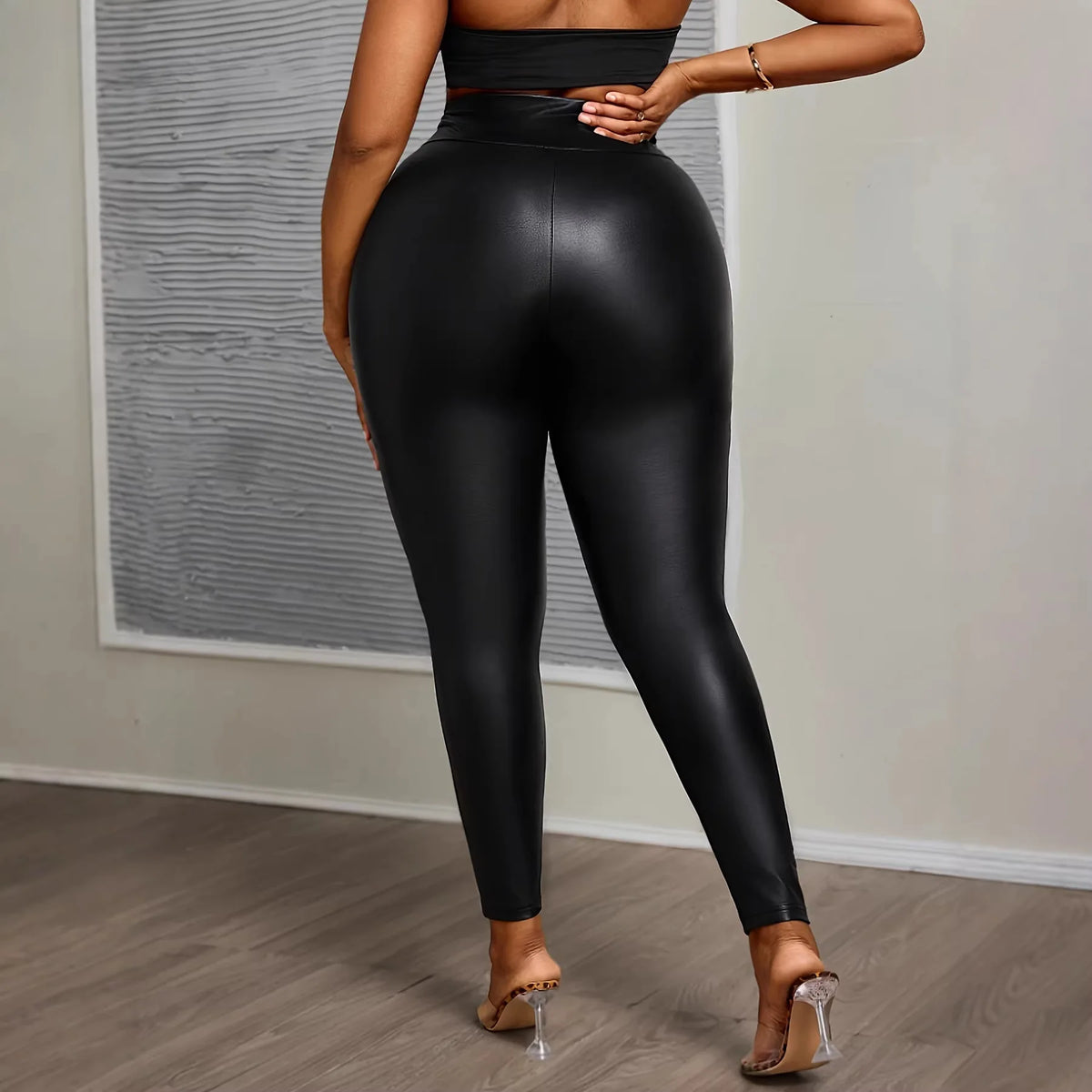 Plus Size Buttoned Slimming High-Waisted PU Leather Pants for Women
