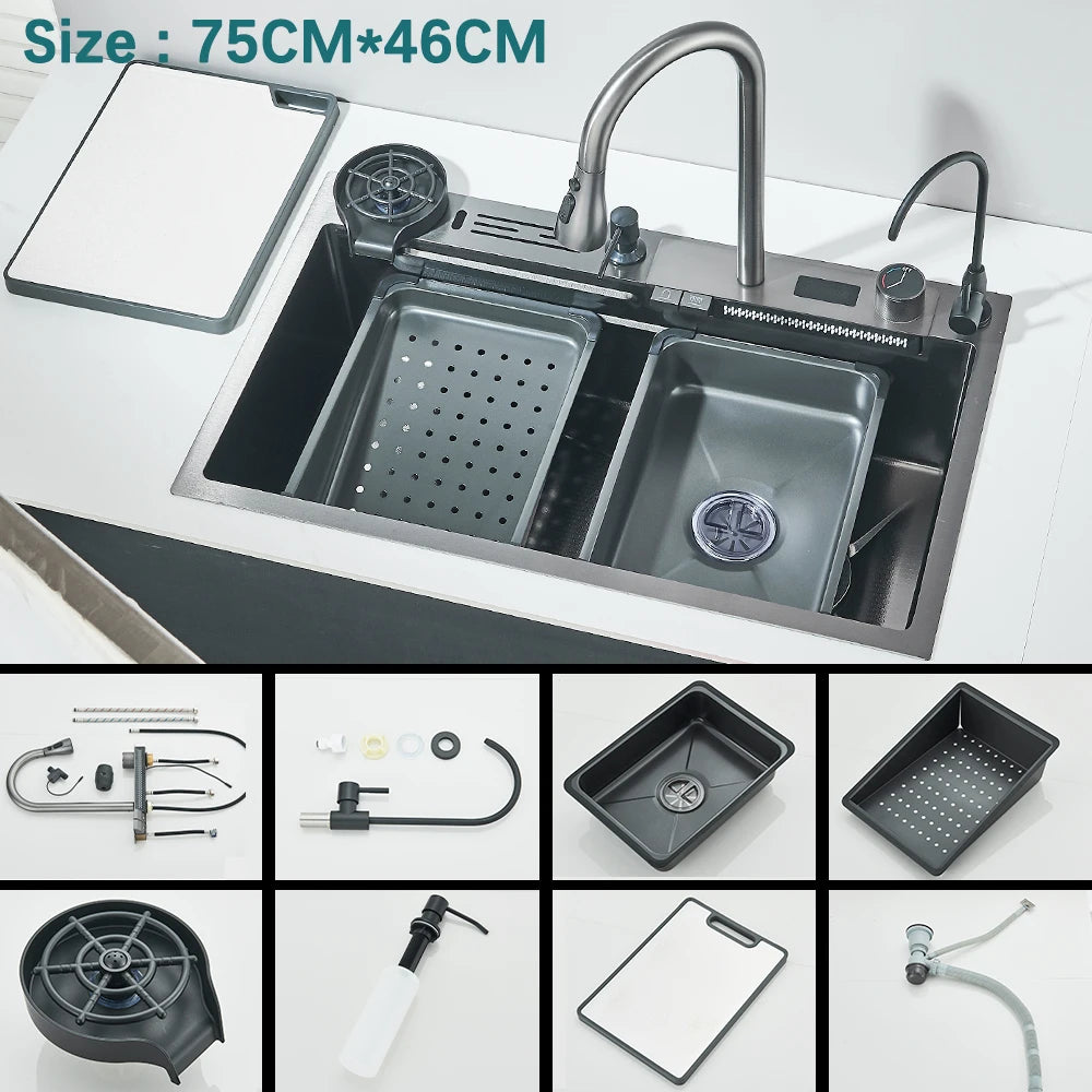 304 Stainless Steel Kitchen Waterfall Sink Digital Display Large Single Sink Dish Basin Sink With Multifunction Touch Waterfall